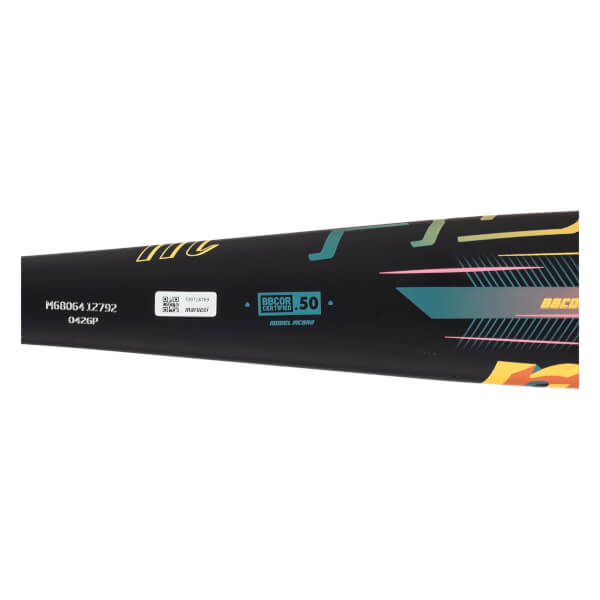 Side view of a black baseball bat with colorful geometric patterns, "BBCOR CERTIFIED .50" logo, and "MARUCCI" text.