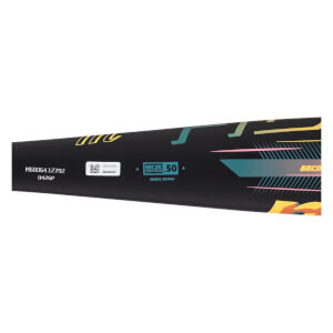 Side view of a black baseball bat with colorful geometric patterns, "BBCOR CERTIFIED .50" logo, and "MARUCCI" text.