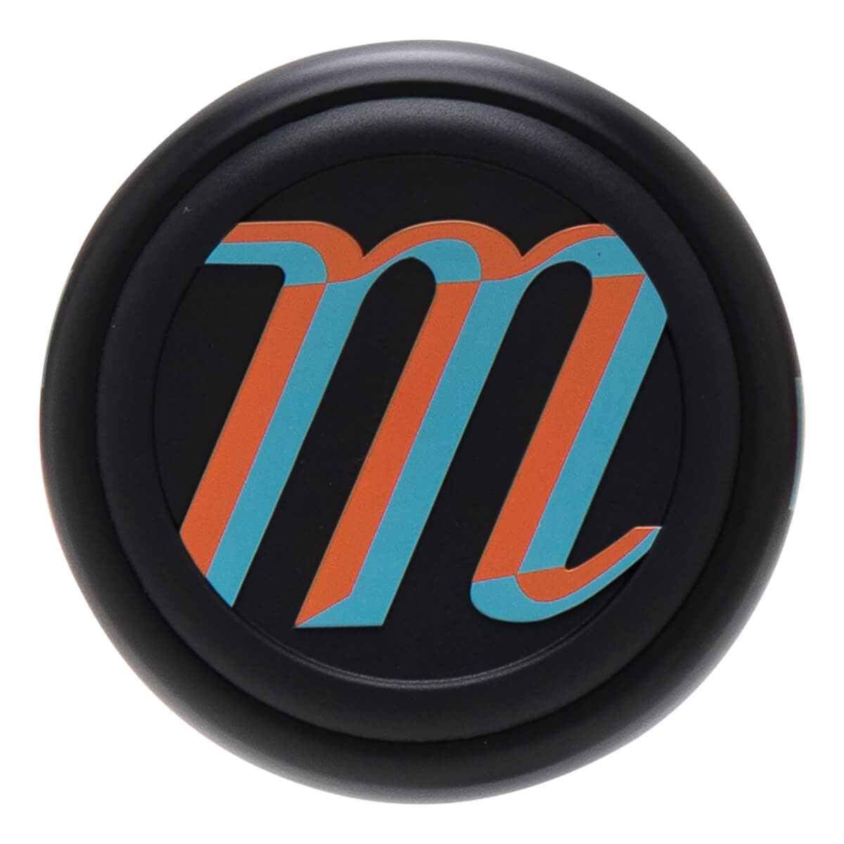 Top-down view of a black cap with an orange and teal "m" logo.