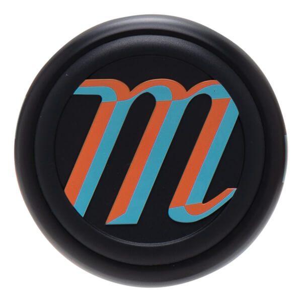 Top-down view of a black cap with an orange and teal "m" logo.