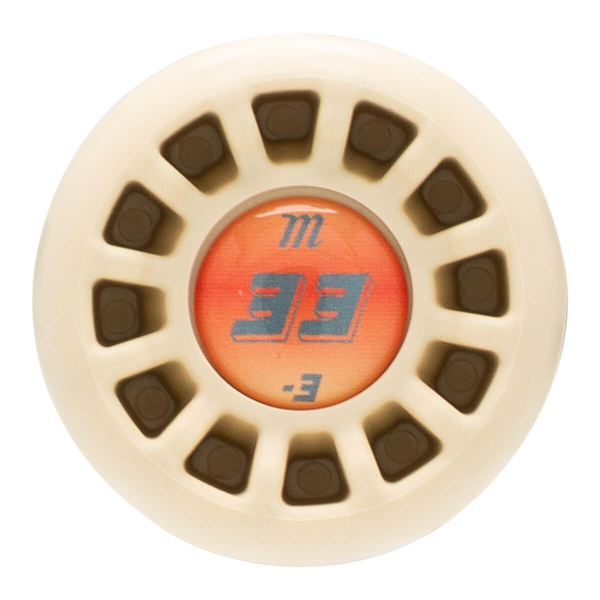 Top-down view of a baseball bat knob with a beige outer ring, a textured orange insert, and blue "m" and "33" logos.
