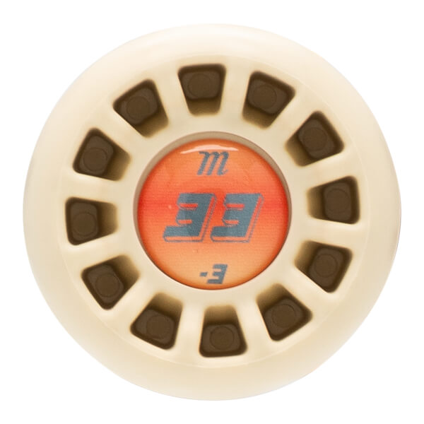 Top-down view of a baseball bat knob with a beige outer ring, a textured orange insert, and blue "m" and "33" logos.