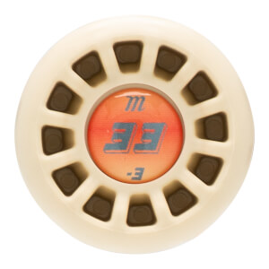 Top-down view of a baseball bat knob with a beige outer ring, a textured orange insert, and blue "m" and "33" logos.