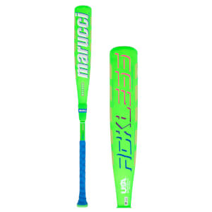 Side view of a neon green baseball bat with "marucci" in white, "FUXI" in pink, and "USA BASEBALL" logos.