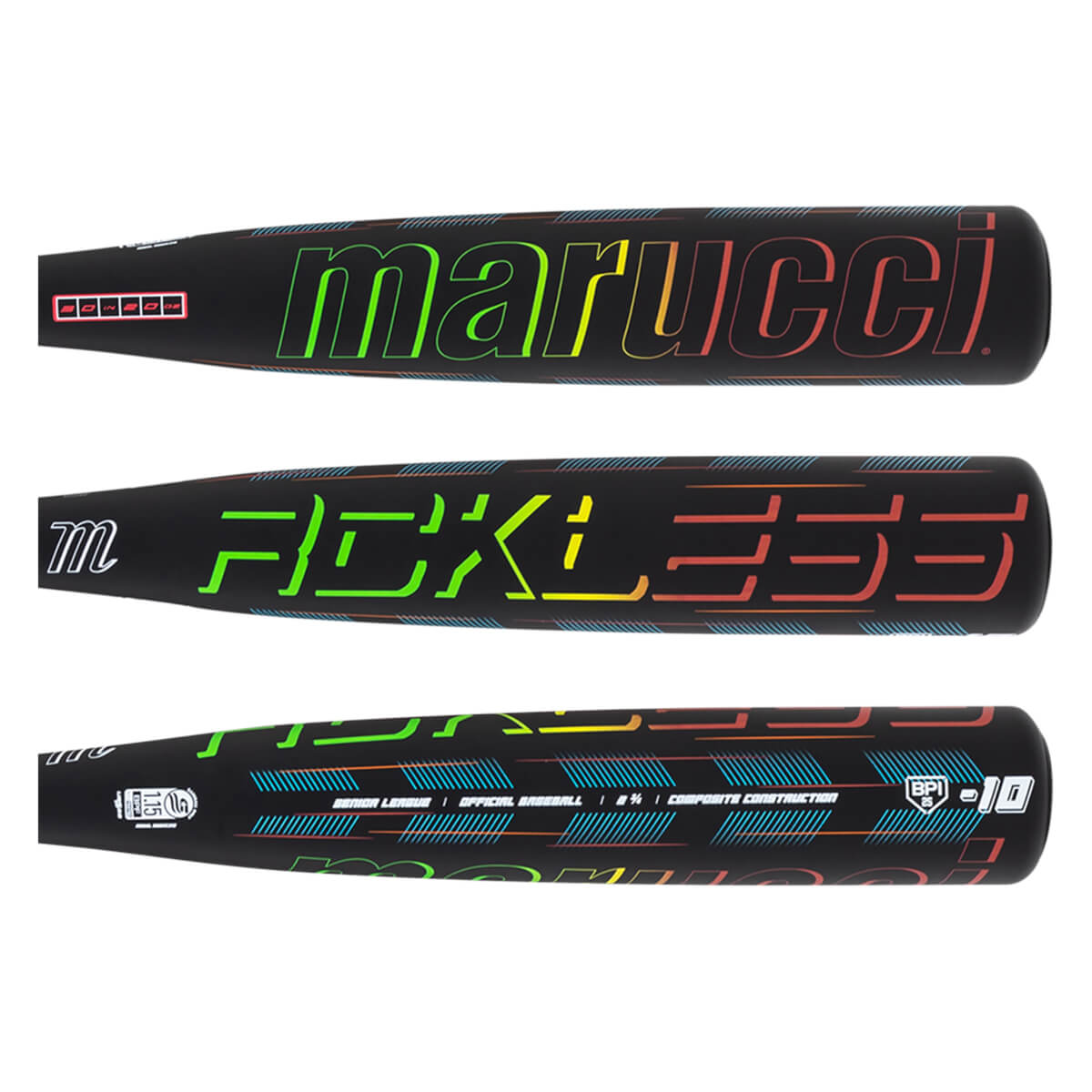 Top view of a black baseball bat with "marucci" in neon green to red gradient and "Reckless" in neon green to red gradient.