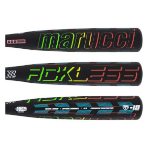 Top view of a black baseball bat with "marucci" in neon green to red gradient and "Reckless" in neon green to red gradient.