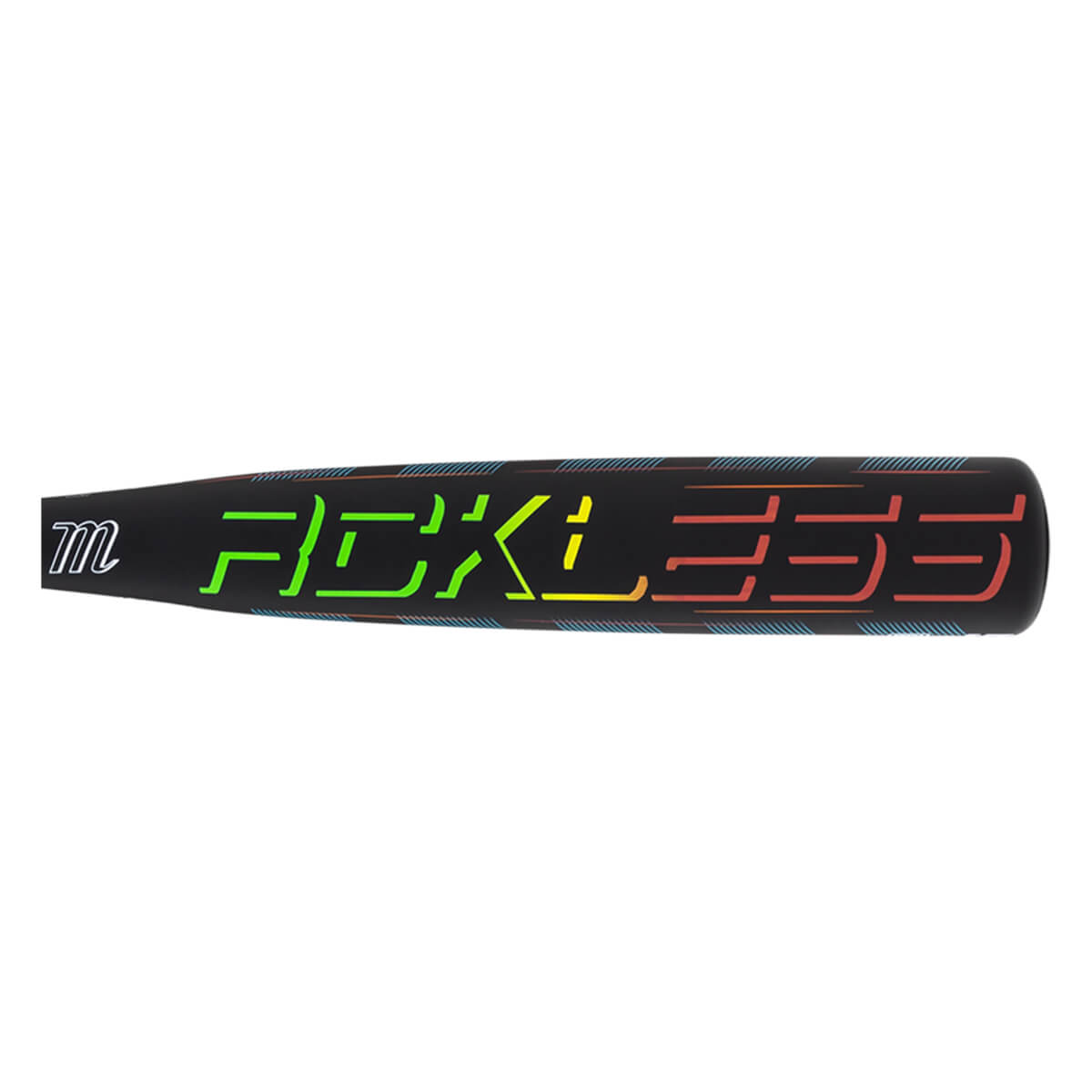 Side view of a black baseball bat with "RECKLESS" in neon green, yellow, and red lettering and a white "m" logo.