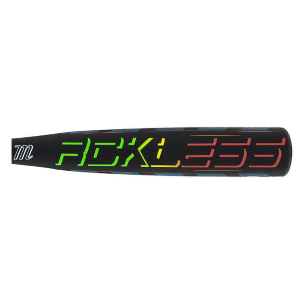 Side view of a black baseball bat with "RECKLESS" in neon green, yellow, and red lettering and a white "m" logo.