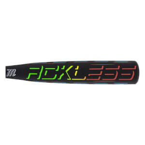 Side view of a black baseball bat with "RECKLESS" in neon green, yellow, and red lettering and a white "m" logo.