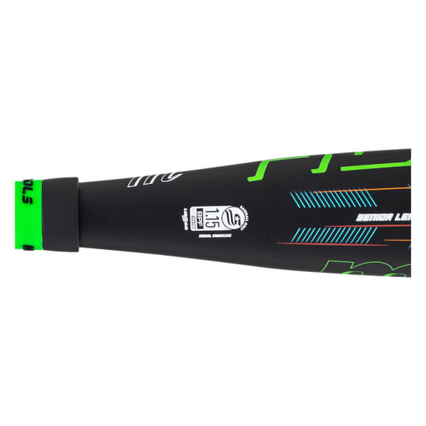 Close-up of a black baseball bat with green "OLS" text on the knob, "SENIOR LEAGUE" text, and blue and orange graphic accents.