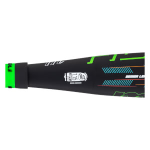 Close-up of a black baseball bat with green "OLS" text on the knob, "SENIOR LEAGUE" text, and blue and orange graphic accents.