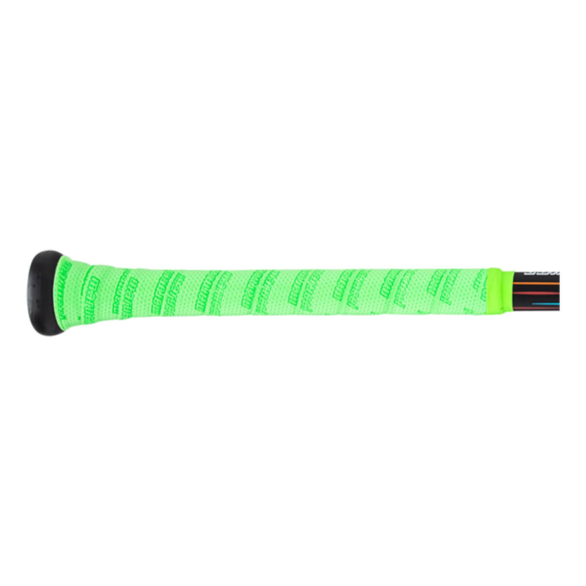 Side view of a black knob and bright green grip tape with repeating "marucci" text.