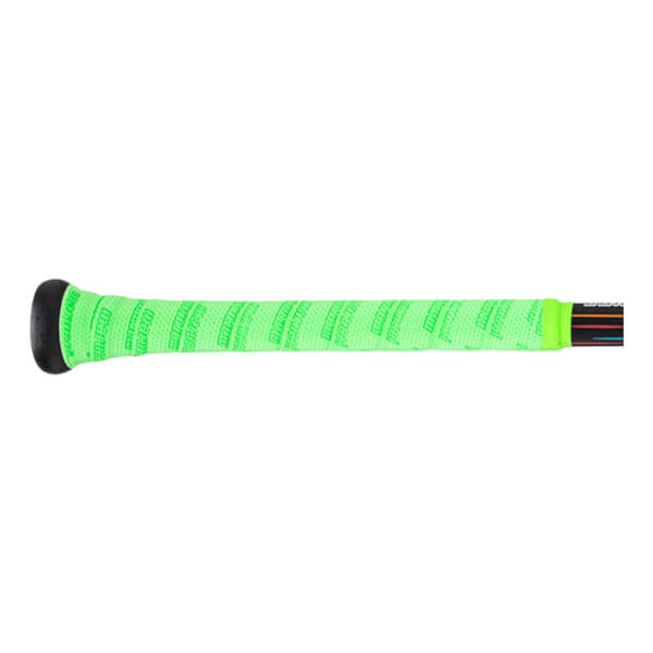Side view of a black knob and bright green grip tape with repeating "marucci" text.
