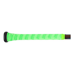 Side view of a black knob and bright green grip tape with repeating "marucci" text.