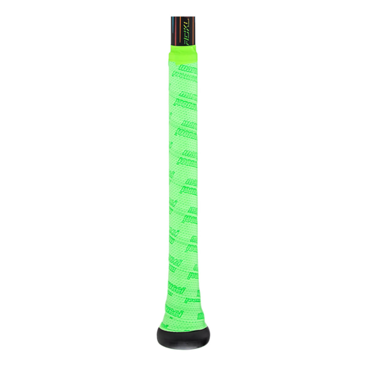 Close-up of a bright green pickleball paddle grip with a repeating pattern and the word "FICKL" visible on the handle.