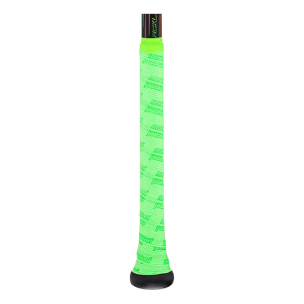 Close-up of a bright green pickleball paddle grip with a repeating pattern and the word "FICKL" visible on the handle.