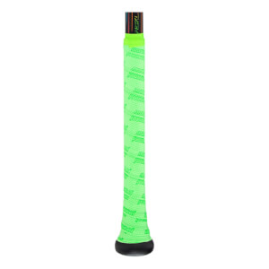 Close-up of a bright green pickleball paddle grip with a repeating pattern and the word "FICKL" visible on the handle.