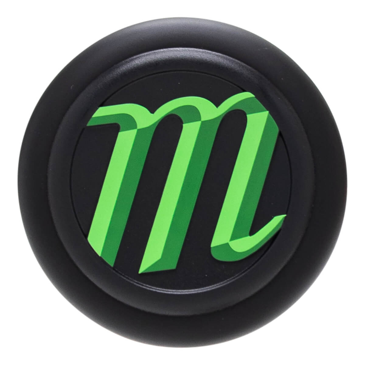 Top-down view of a black knob with a green 3D "m" logo.
