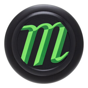 Top-down view of a black knob with a green 3D "m" logo.