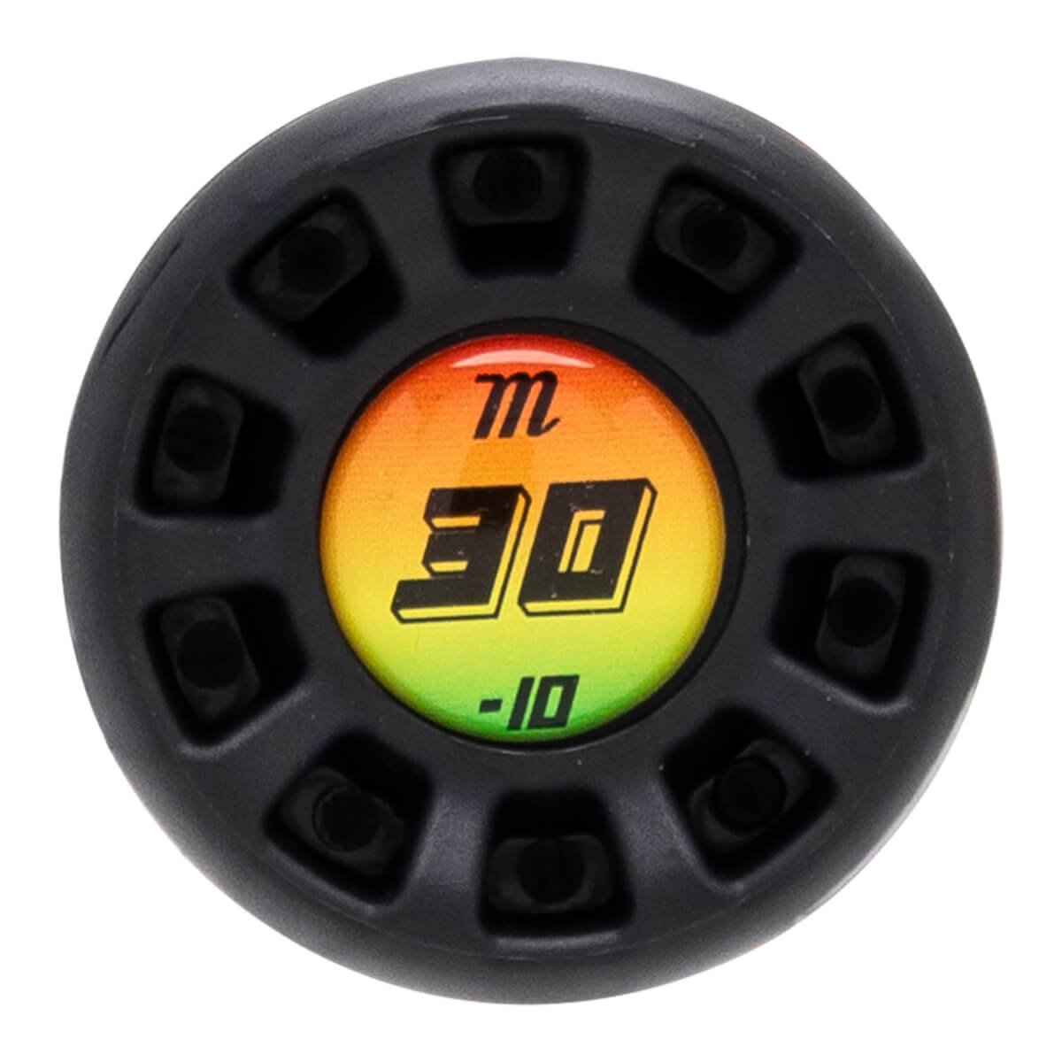 Top-down view of a black bat knob with a colorful insert showing "m", "30", and "-10".