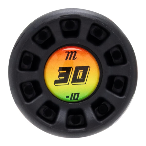 Top-down view of a black bat knob with a colorful insert showing "m", "30", and "-10".