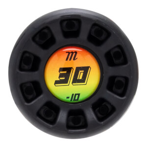 Top-down view of a black bat knob with a colorful insert showing "m", "30", and "-10".