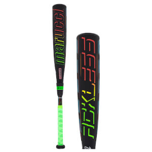 Front view of a black baseball bat with "MARUCCI" in gradient colors and "FOX" in neon green.