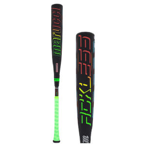 Side view of a black baseball bat with "MARUCCI" in colorful gradient lettering and "RECKLESS" in bold, outlined letters.