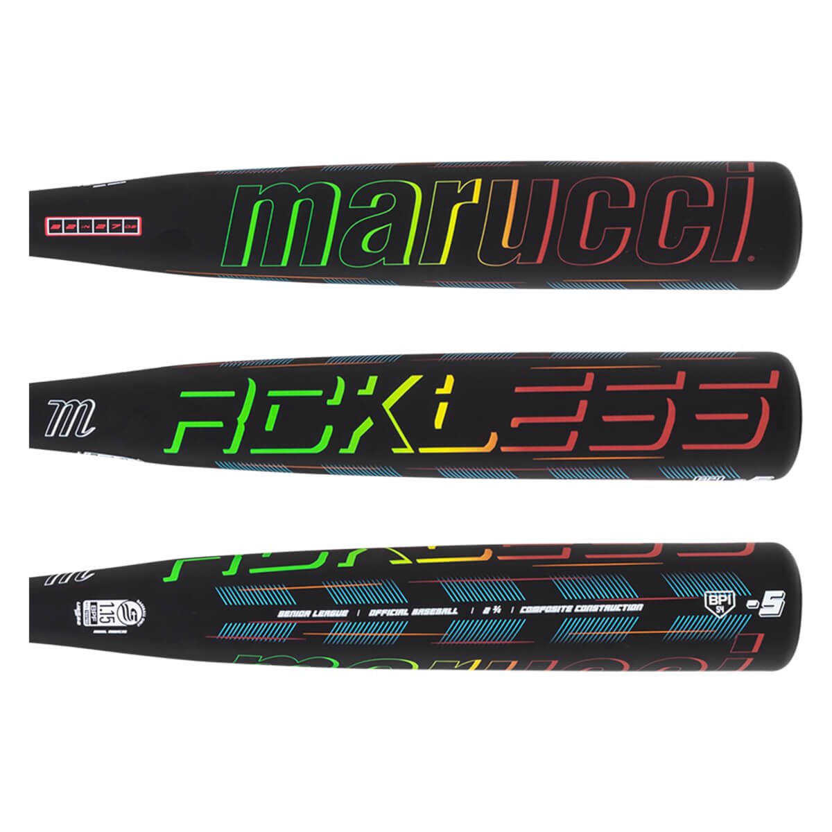 Top view of a black baseball bat with "marucci" in rainbow gradient and "reckless" in neon green, yellow, and orange.