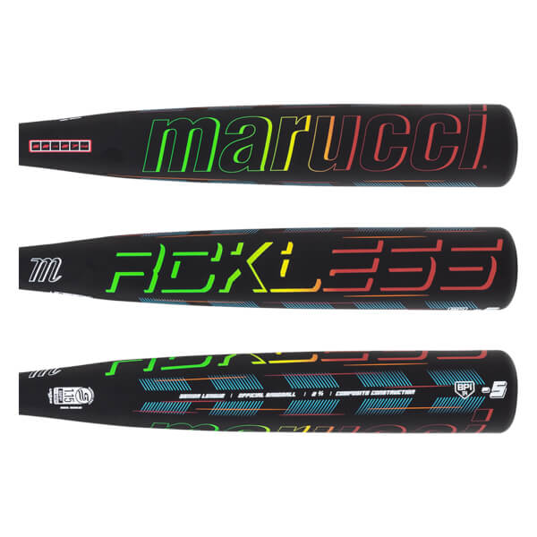 Top view of a black baseball bat with "marucci" in rainbow gradient and "reckless" in neon green, yellow, and orange.