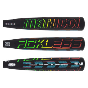 Top view of a black baseball bat with "marucci" in rainbow gradient and "reckless" in neon green, yellow, and orange.