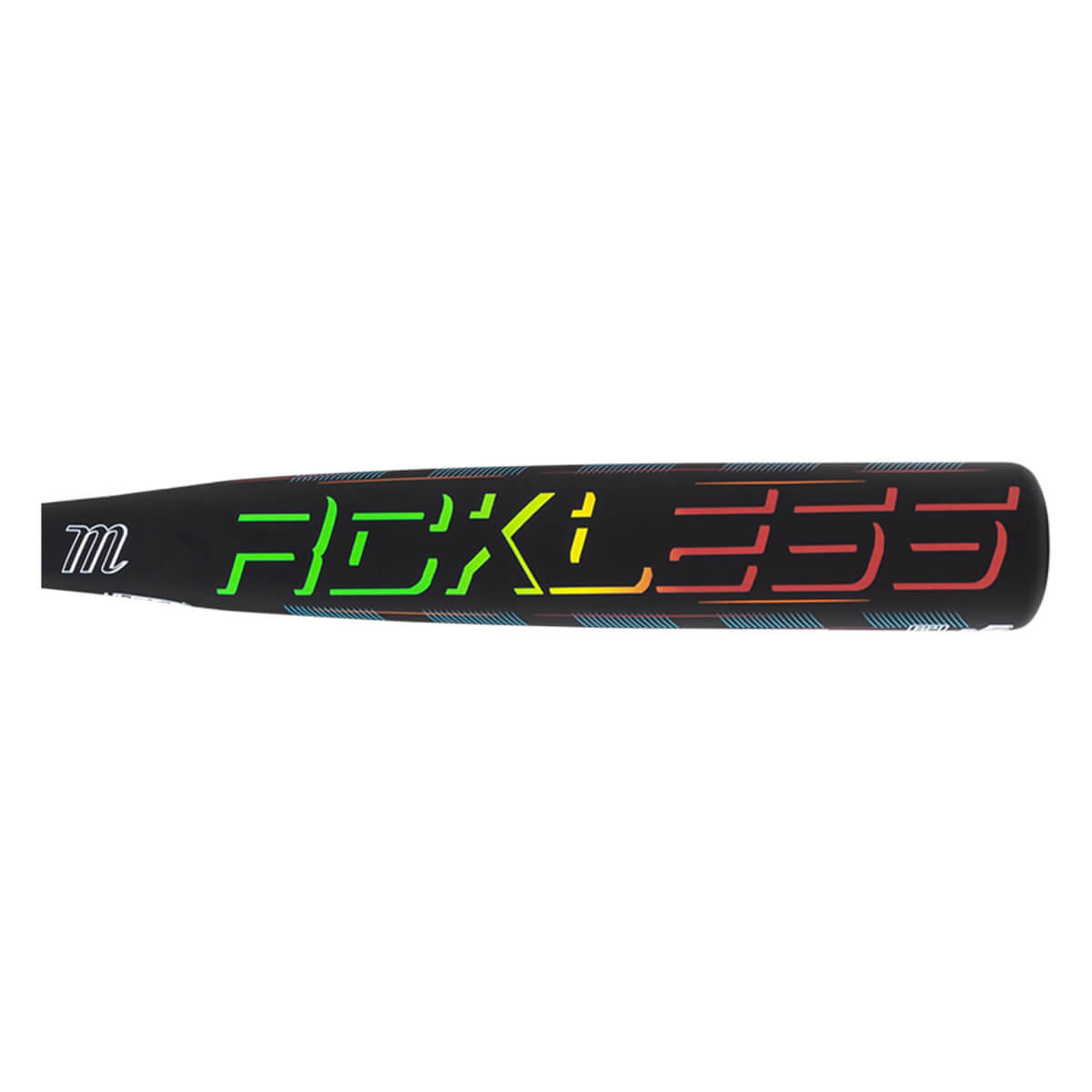Side view of a black baseball bat with "RECKLESS" in a rainbow gradient and a white "m" logo.