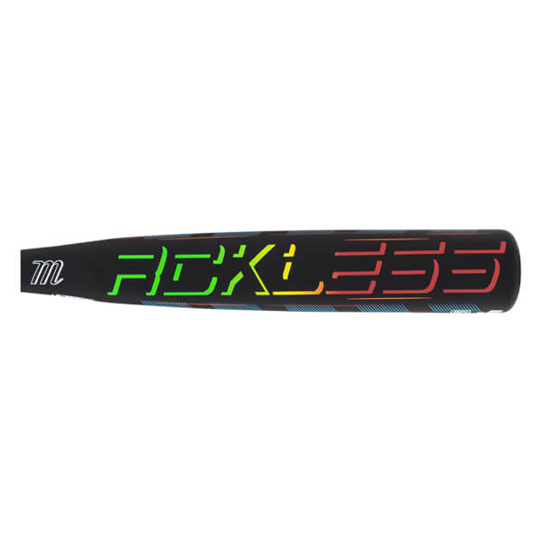 Side view of a black baseball bat with "RECKLESS" in a rainbow gradient and a white "m" logo.