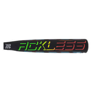 Side view of a black baseball bat with "RECKLESS" in a rainbow gradient and a white "m" logo.