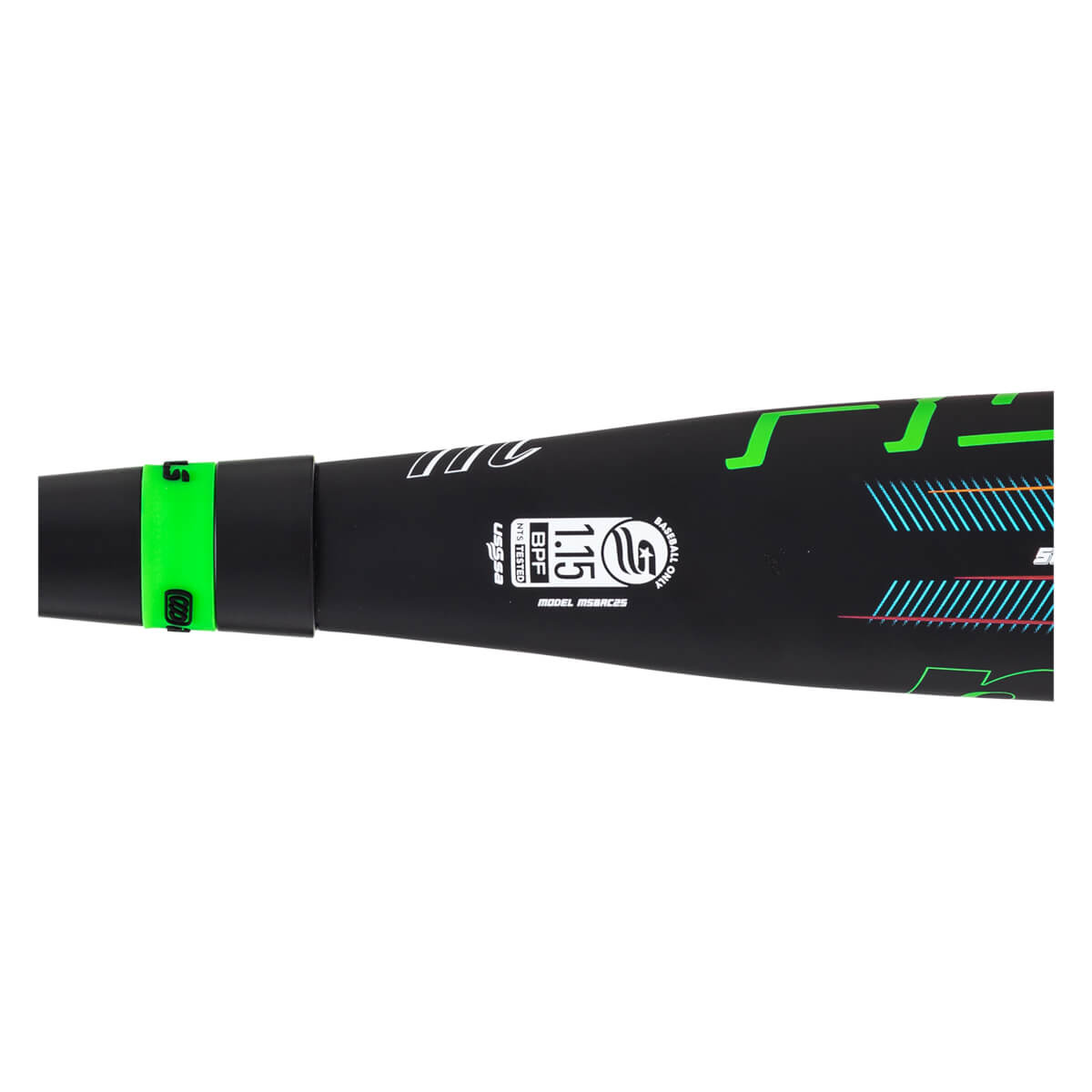 Close-up of a black baseball bat with green accents, showing "1.15 BPF" and "MODEL MSBRC25" text.