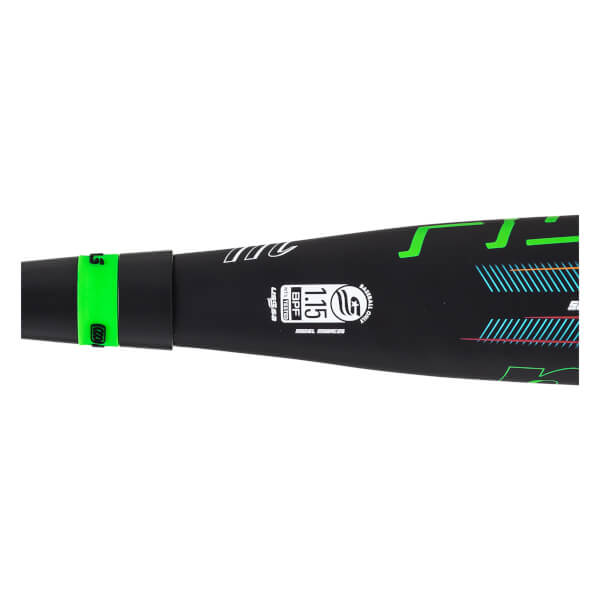 Close-up of a black baseball bat with green accents, showing "1.15 BPF" and "MODEL MSBRC25" text.