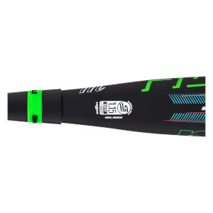 Close-up of a black baseball bat with green accents, showing "1.15 BPF" and "MODEL MSBRC25" text.