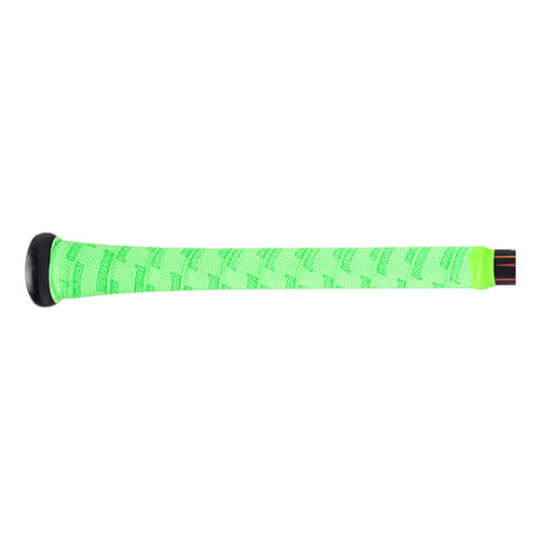 Side view of a bright green grip tape with repeating "marucci" text and a black end cap.