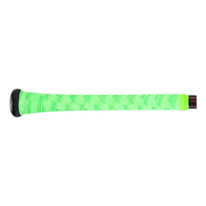 Side view of a bright green grip tape with repeating "marucci" text and a black end cap.