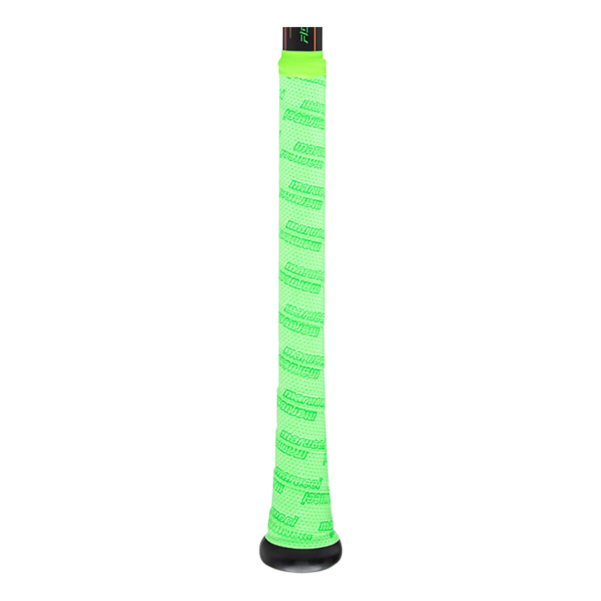 Close-up of a bright green bat grip with repeating "marucci" text and a black knob.