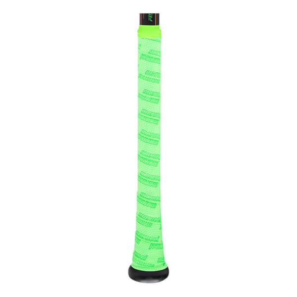 Close-up of a bright green bat grip with repeating "marucci" text and a black knob.