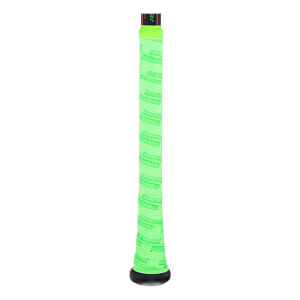 Close-up of a bright green bat grip with repeating "marucci" text and a black knob.