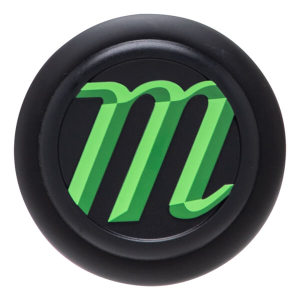 Top-down view of a black knob with a green 3D "m" logo.