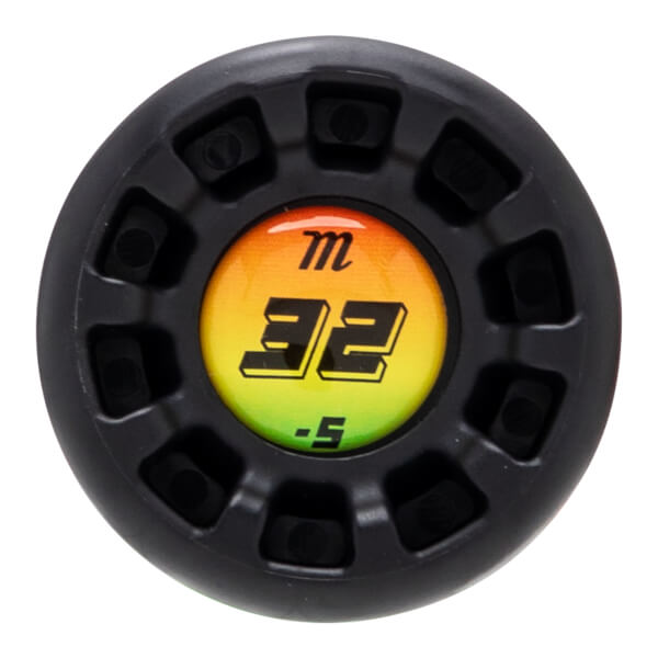 Top-down view of a black bat end cap with a colorful logo featuring "m", "32", and "-5".