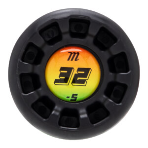 Top-down view of a black bat end cap with a colorful logo featuring "m", "32", and "-5".