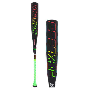 Side view of a black baseball bat with "MARUCCI" in red, yellow, and green lettering and a bright green grip.
