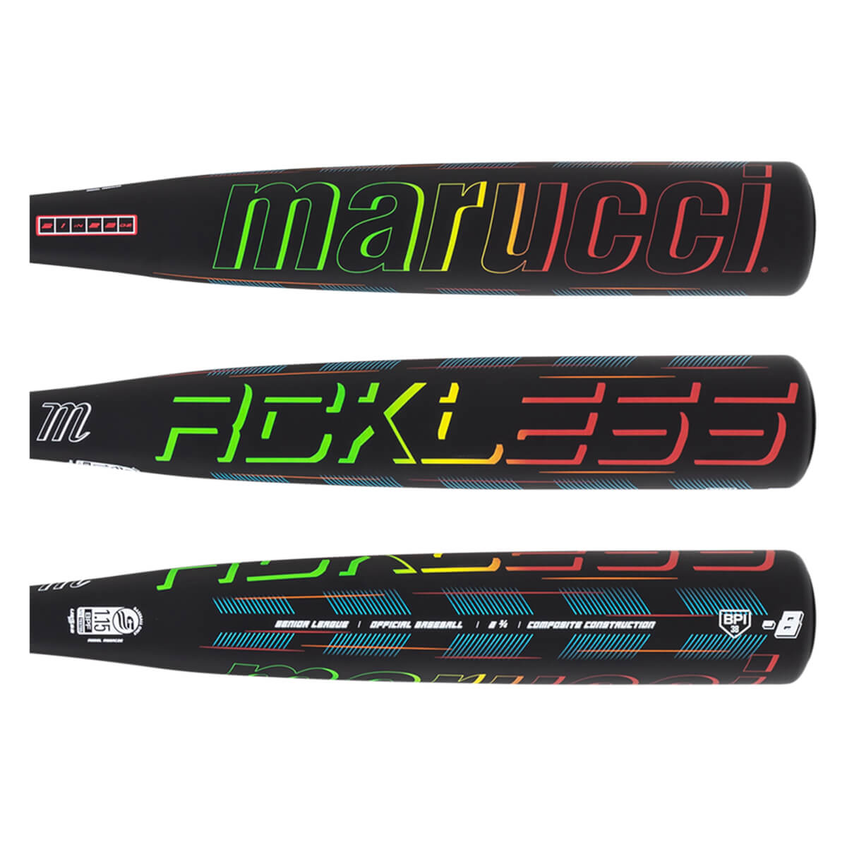 Front view of a black baseball bat with "marucci" in rainbow gradient and "FCKLESS" in green and yellow.