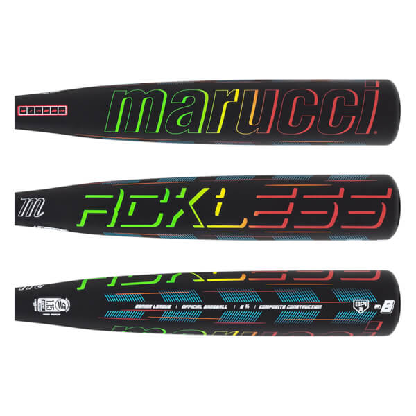 Front view of a black baseball bat with "marucci" in rainbow gradient and "FCKLESS" in green and yellow.