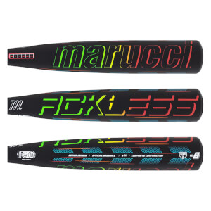 Front view of a black baseball bat with "marucci" in rainbow gradient and "FCKLESS" in green and yellow.