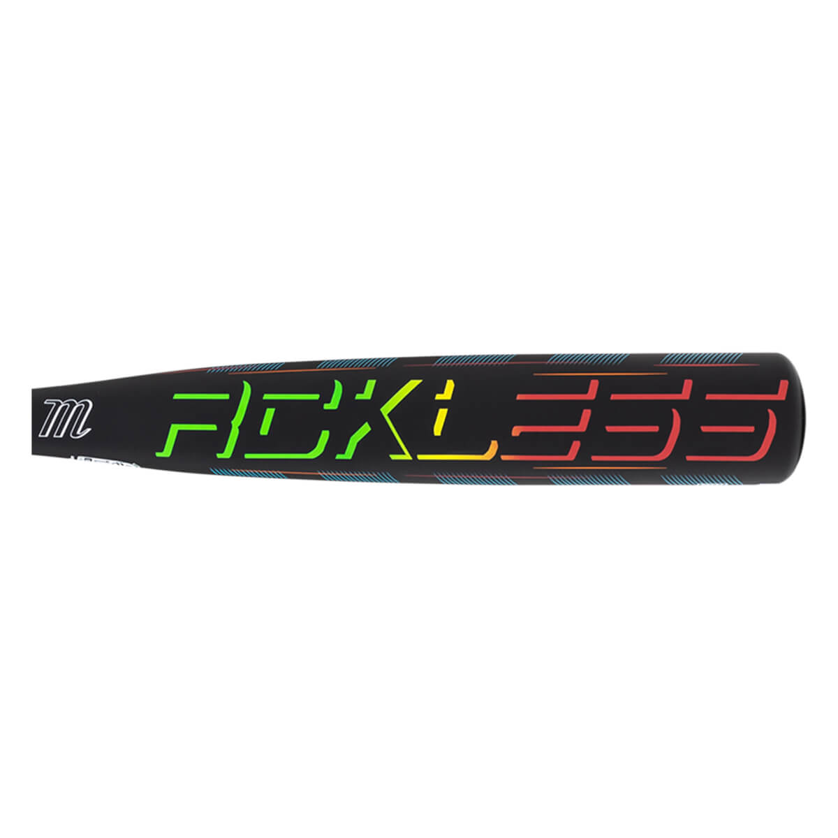 Side view of a black baseball bat with "Reckless" in neon green, yellow, orange, and red lettering.